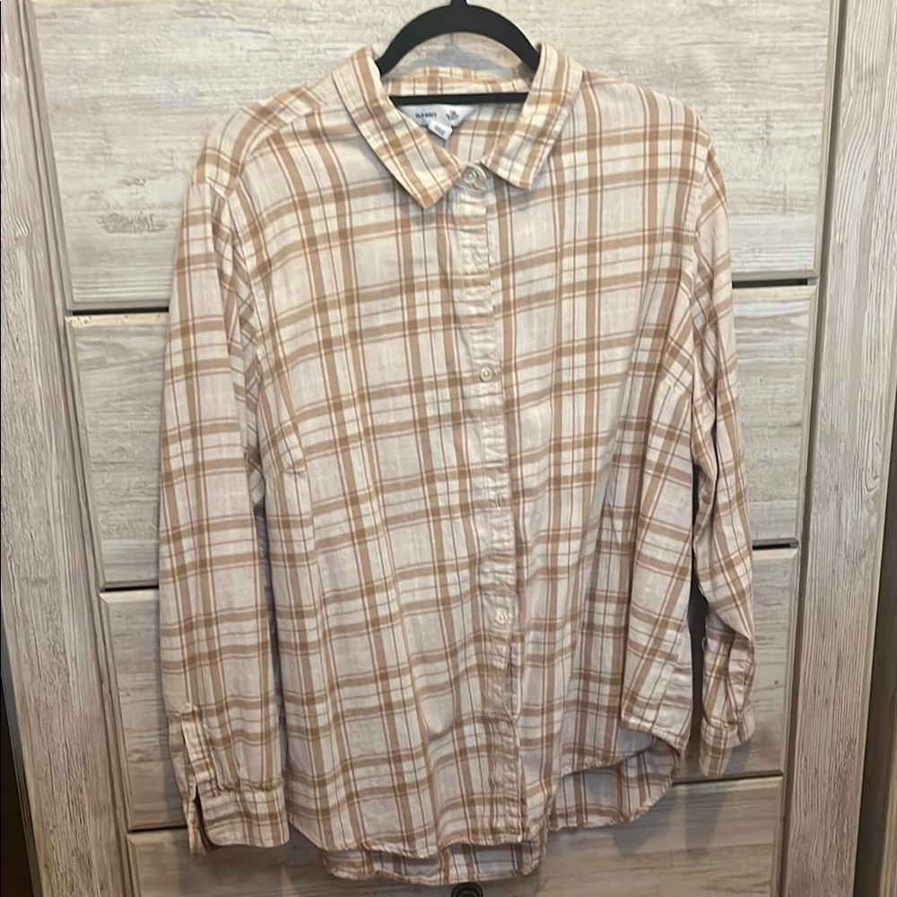 Old Navy Cream and Brown Casual Button Down Shirt